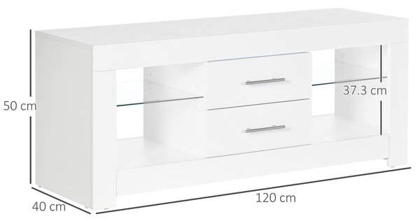 HOMCOM Mobile Porta TV fino a 55" con Luci LED, 2 Mensole in Vetro Regolabili, 2 Cassetti, in Legno, 120x40x50cm, Bianco | Aosom