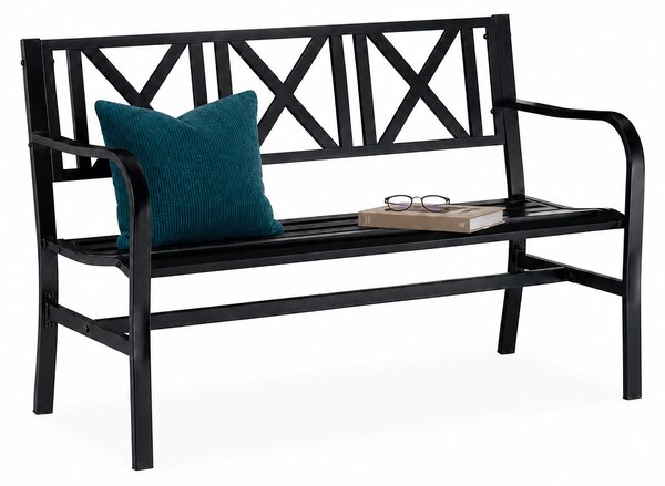 Panchina da giardino Relaxdays in metallo, a 2 posti, robusta, per terrazza, balcone, panchina da relax, HxLxP 81 x 127 x 56 cm, acciaio, nera