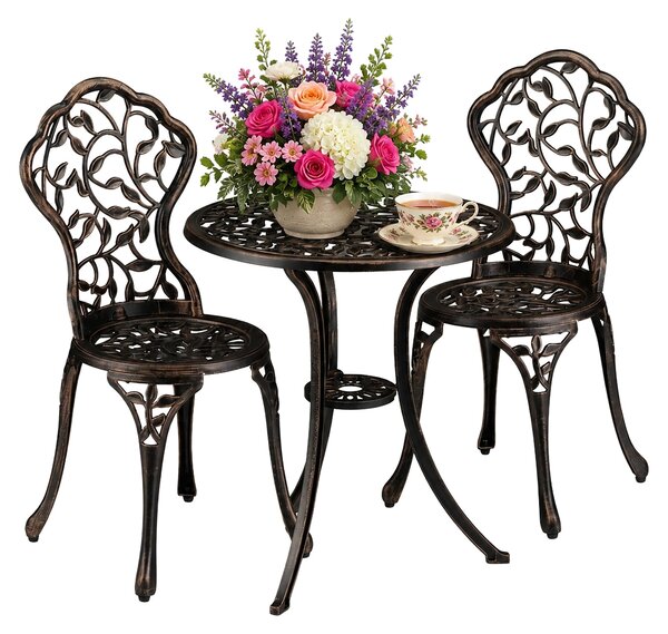 Set di mobili da balcone Relaxdays, 3 pezzi, tavolo da balcone con 2 sedie, decorato, alluminio, tavolo da bistrot HxP: 65x60 cm, bronzo