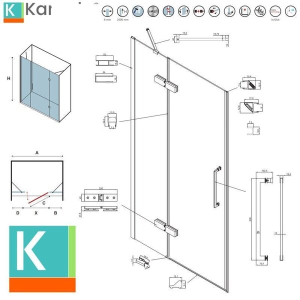 Porta doccia 130cm battente e 2 fissi oro spazzolato | KT6000G - KAMALU