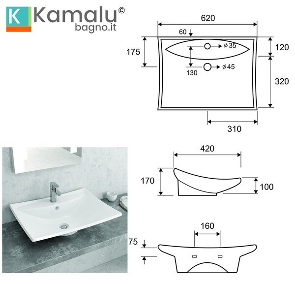 Kamalu lavabo da appoggio moderno 60cm linea litos-t160