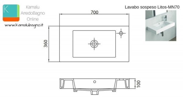 Kamalu lavabo sospeso 70 cm con foro miscelatore a destra litos-mn70
