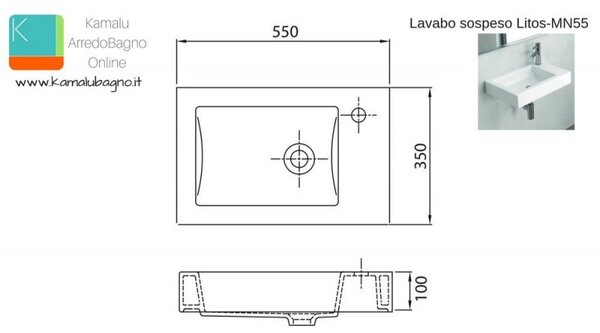 Kamalu lavabo sospeso 55 cm rubinetto destra litos-mn55