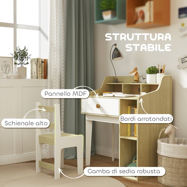 AIYAPLAY Set Scrivania per Bambini e Sedia in Legno con Scaffale e Cassetto, Età 3-10 Anni, Bianco e Legno