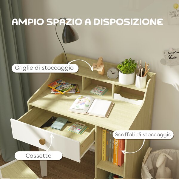 AIYAPLAY Set Scrivania per Bambini e Sedia in Legno con Scaffale e Cassetto, Età 3-10 Anni, Bianco e Legno