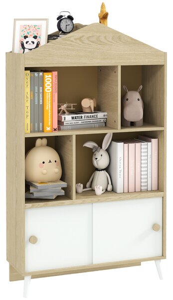 AIYAPLAY Libreria per Bambini in Legno con Ripiani Aperti e Armadietto Inferiore, 80x30x140.5 cm, Bianco e color Legno