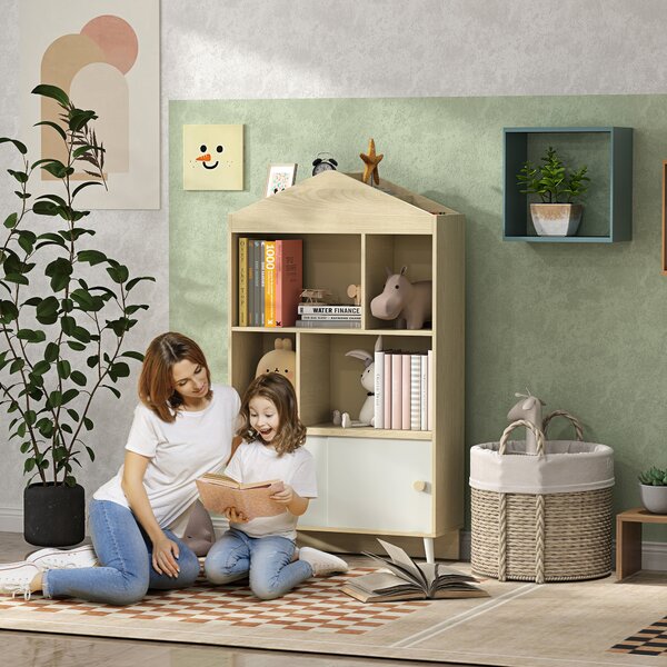 AIYAPLAY Libreria per Bambini in Legno con Ripiani Aperti e Armadietto Inferiore, 80x30x140.5 cm, Bianco e color Legno