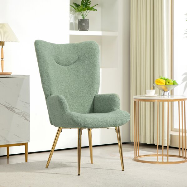 HOMCOM Sedia per Soggiorno con Schienale Alto in Acciaio e Tessuto Effetto Sherpa, 73x68x111 cm, Verde e Oro