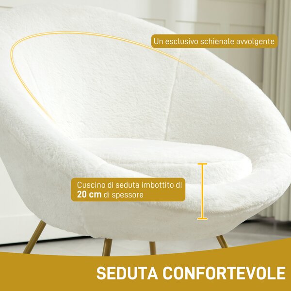 HOMCOM Poltroncina da Camera in Finta Pelliccia con Gambe in Metallo, 75x66x79 cm, Bianco