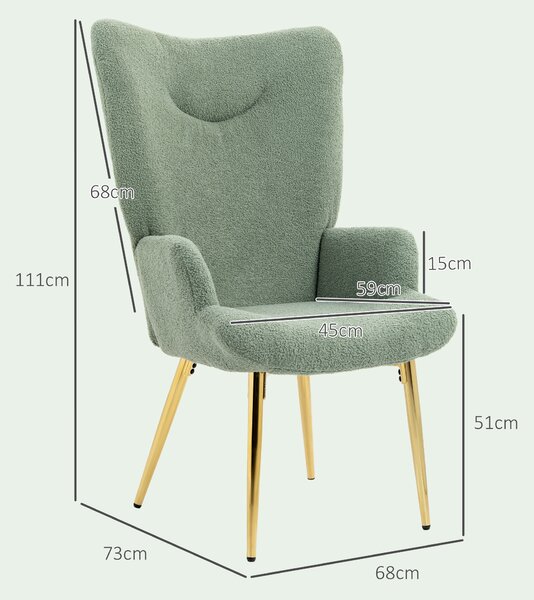 HOMCOM Sedia per Soggiorno con Schienale Alto in Acciaio e Tessuto Effetto Sherpa, 73x68x111 cm, Verde e Oro