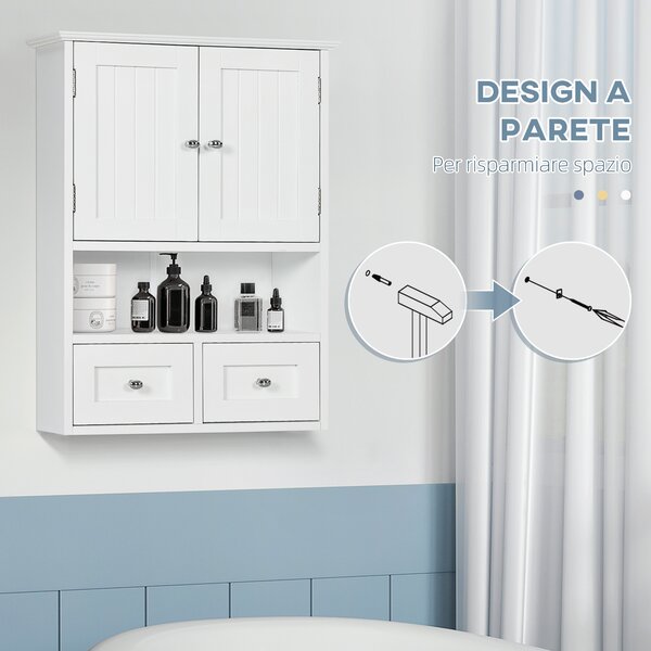 Kleankin Armadietto Pensile Bagno a 2 Ante con Ripiano Aperto e 2 Cassetti in Legno, Bianco