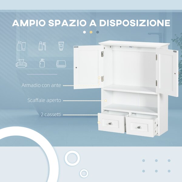 Kleankin Armadietto Pensile Bagno a 2 Ante con Ripiano Aperto e 2 Cassetti in Legno, Bianco