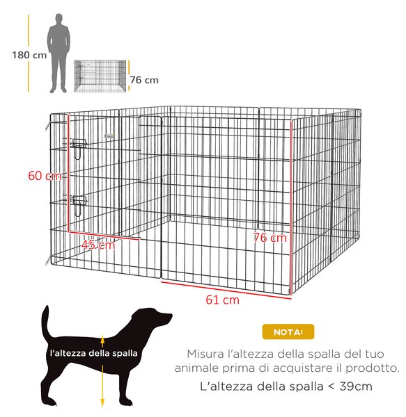 PawHut Recinto per Cani e Cuccioli, Box Multiuso Spazioso e di Alta Qualità per Animali da 8 Pezzi in Filo di Ferro, 76x61cm, Nero | Aosom Italy