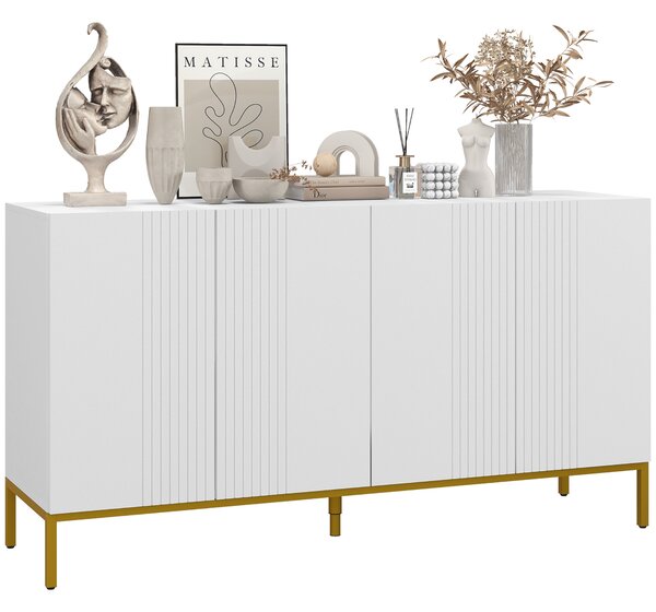 HOMCOM Credenza Moderna a righe verticali con 2 armadietti e 2 ante, Chiusura Ammortizzata e Mensole Regolabili, 140x40x75cm, Bianco e Oro|Aosom Italy