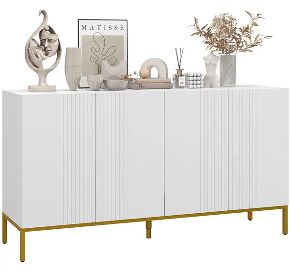 HOMCOM Credenza Moderna a righe verticali con 2 armadietti e 2 ante, Chiusura Ammortizzata e Mensole Regolabili, 140x40x75cm, Bianco e Oro|Aosom Italy