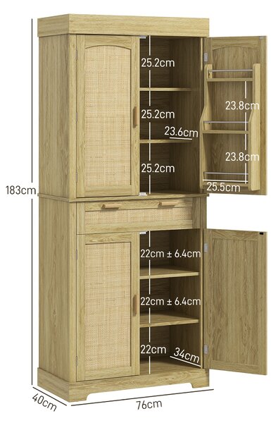 HOMCOM Credenza Cucina Stile Boho con 2 Armadietti, Cassetto e Portaspezie in Legno e Rattan, 76x40x183cm, Rovere