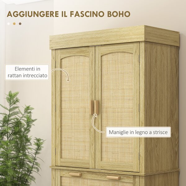 HOMCOM Credenza Cucina Stile Boho con 2 Armadietti, Cassetto e Portaspezie in Legno e Rattan, 76x40x183cm, Rovere