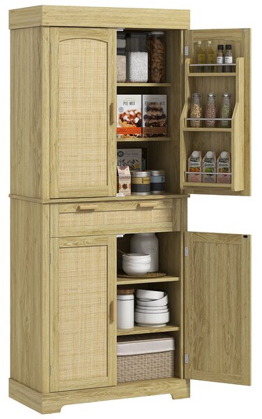 HOMCOM Credenza Cucina Stile Boho con 2 Armadietti, Cassetto e Portaspezie in Legno e Rattan, 76x40x183cm, Rovere