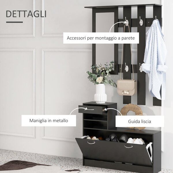 HOMCOM Mobile da Ingresso Appendiabiti con Scarpiera e Specchio, in Truciolato, 90x10x102 cm, Nero