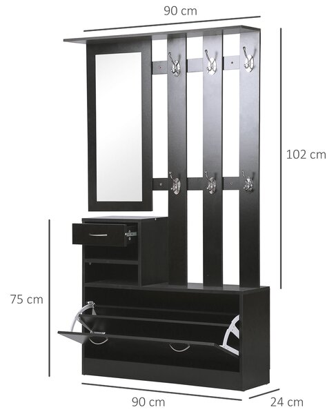 HOMCOM Mobile da Ingresso Appendiabiti con Scarpiera e Specchio, in Truciolato, 90x10x102 cm, Nero