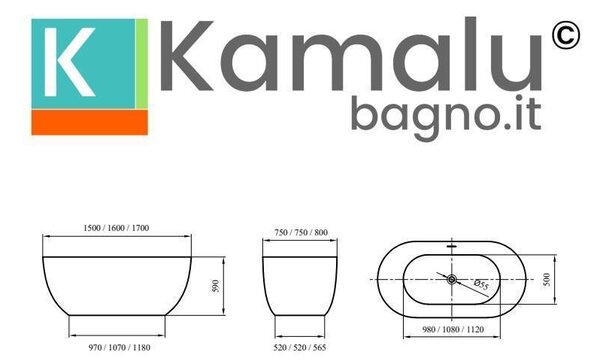 Vasca da bagno centro stanza 170 cm acrilico bianco opaco | KD1500 - KAMALU