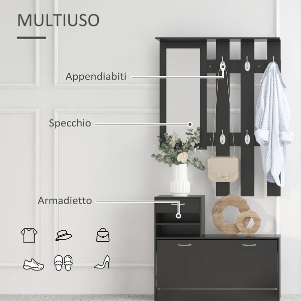 HOMCOM Mobile da Ingresso Appendiabiti con Scarpiera e Specchio, in Truciolato, 90x10x102 cm, Nero