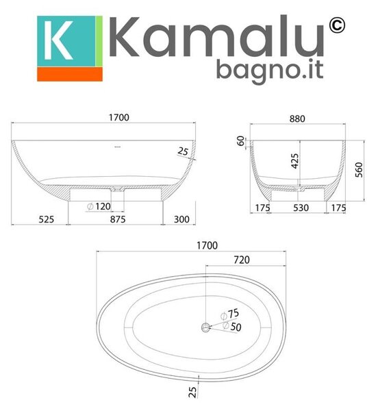 Vasca da bagno solid surface centro stanza bianco opaco | KC1700 - KAMALU