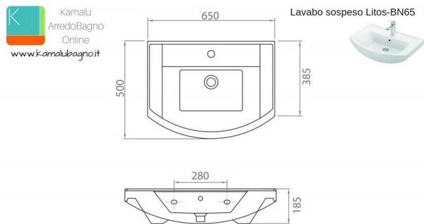 Kamalu lavabo bagno sospeso 65 cm ceramica litos-bn65