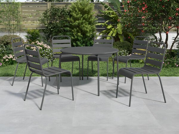 Set da pranzo da giardino in metallo - un tavolo rotondo D.130cm e 6 sedie impilabili - Grigio scuro - MIRMANDE di MYLIA