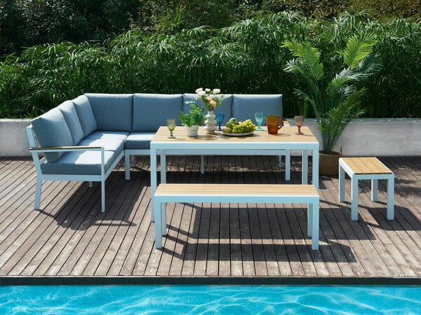 Salotto giardino Allum. Polywood: divano angol., 2 panche e tavolo Naturale chiaro e Grigio - ZOLAYA di MYLIA