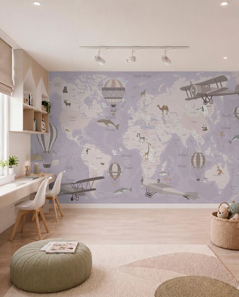 Carta da parati Voli in inglese — viola, Carta da parati Mappa del Mondo, c00003env4 : Uwalls.it