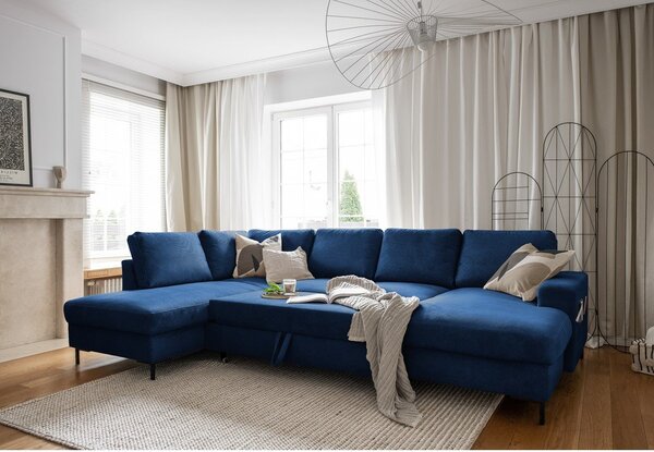 Divano letto angolare in velluto a coste blu scuro (angolo sinistro) Lofty Lilly - Miuform