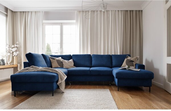 Divano letto angolare in velluto a coste blu scuro (angolo sinistro) Lofty Lilly - Miuform