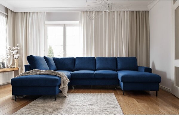 Divano letto angolare in velluto a coste blu scuro (angolo sinistro) Lofty Lilly - Miuform