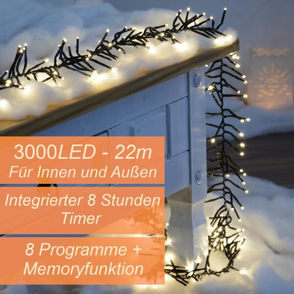 Catena luminosa a grappolo a 3000 LED da 22 m in bianco caldo con timer e 8 programmi per interni ed esterni