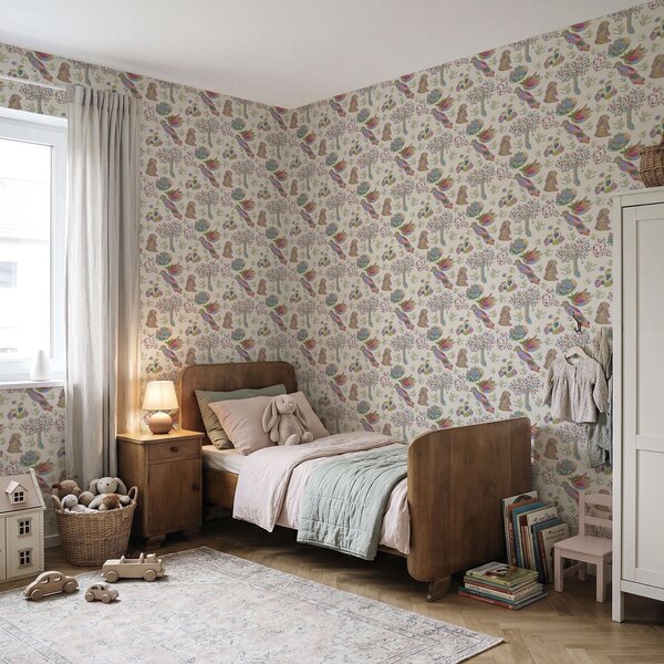 Carta da parati Conigli e uccelli arcobaleno, Parati moderna classici, a01127 : Uwalls.it