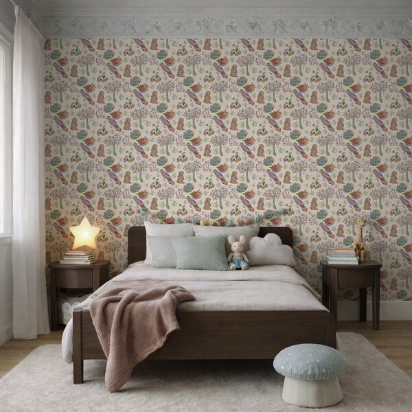 Carta da parati Conigli e uccelli arcobaleno, Parati moderna classici, a01127 : Uwalls.it