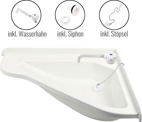 Set completo per lavabo da roulotte: lavabo angolare 580x540x90 mm + rubinetto e scarico