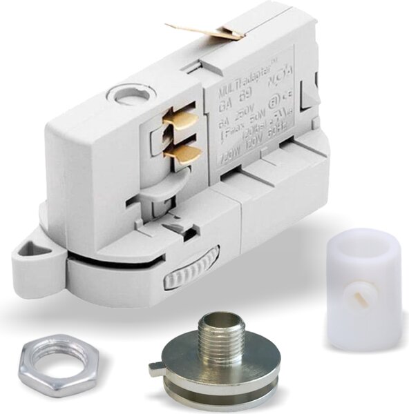 Adattatore multiplo per faretti a binario trifase incl. nipplo in alluminio, dado e dispositivo antistrappo | Bianco