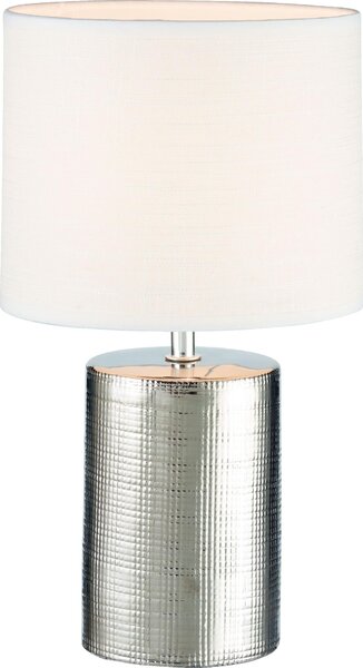 Lampada da tavolo con base in Vetroceramica argento e paralume in tessuto di lino bianco, altezza 35cm