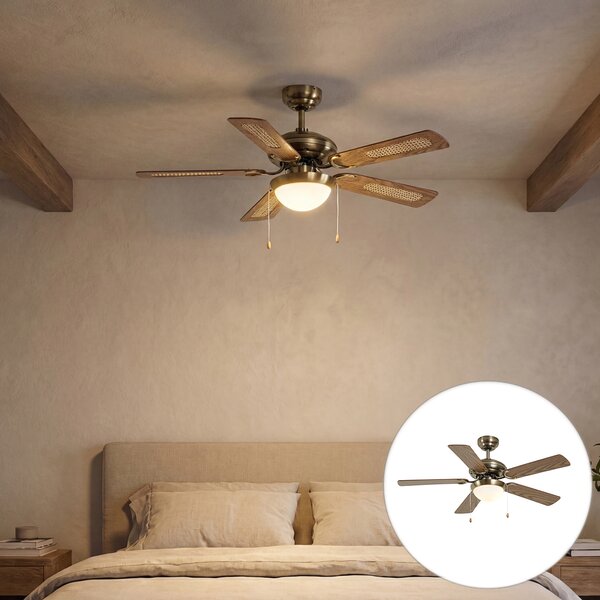 Ventilatore da soffitto ottone con stampa legno e rattan 105 cm con interruttore a tirante - Mistral Majas