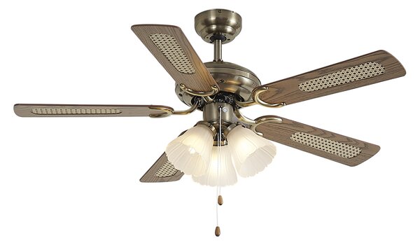 Ventilatore da soffitto in ottone con stampa legno e rattan 105 cm con interruttore a tirante - Mistral Lia