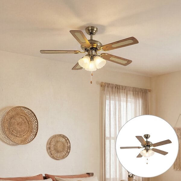 Ventilatore da soffitto in ottone con stampa legno e rattan 105 cm con interruttore a tirante - Mistral Lia