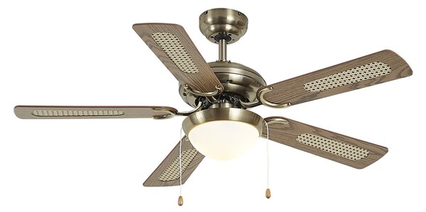 Ventilatore da soffitto ottone con stampa legno e rattan 105 cm con interruttore a tirante - Mistral Majas