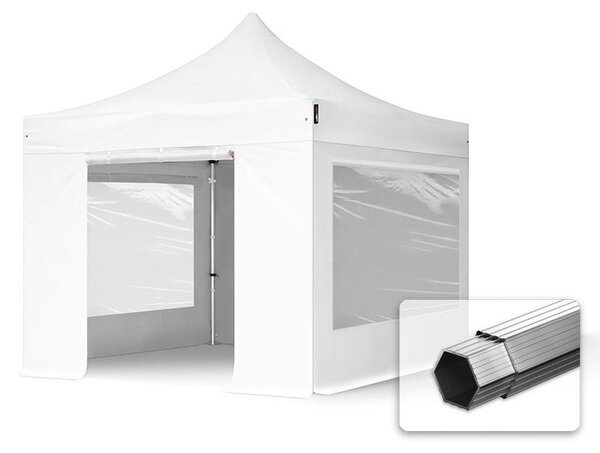 TOOLPORT 3x3m gazebo pieghevole PVC con laterali (finestre panoramiche), PROFESSIONAL alluminio, bianco