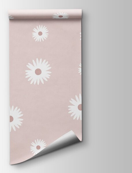 Carta da parati Fiori bianchi su sfondo rosa, Carta da parati Floreale, Carta da parati popolare, t00806v1 - Tapeko.it