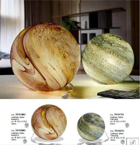 LAMPADA VETRO SFERA In Vetro a Uovo MARMOREO CM. �21xH 29 cm con filo colore Marmoreo in scatola regalo