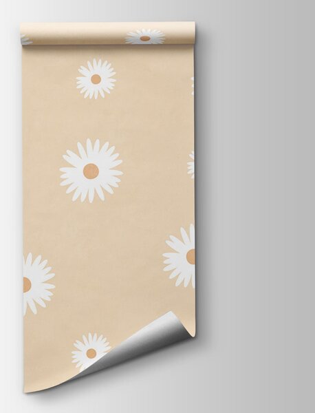 Carta da parati Fiori bianchi su sfondo beige, Carta da parati Floreale, Carta da parati popolare, t00806v2 - Tapeko.it