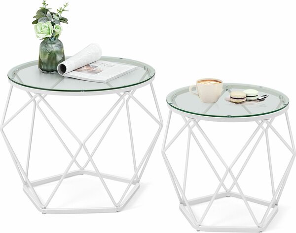 Tavolini Rotondi, Set Di 2 Tavolini, Stile Moderno, Piano Rimovibile, Struttura In Acciaio, Per Il Soggiorno, Trasparente E C
