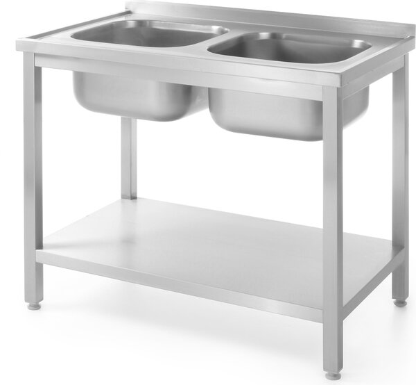 Tavolo HENDI con 2 lavelli e ripiano - avvitato, profondità 600 mm, Linea Cucina, 1000x600x(H)850mm